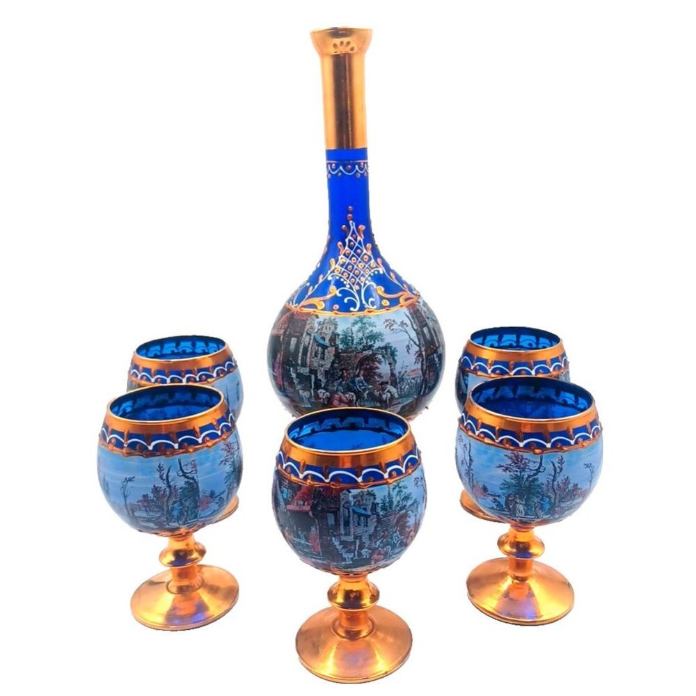 Murano Cobalt Blue Gold Pedestal Italian Victorian Scenes Decanter Wine Glasses